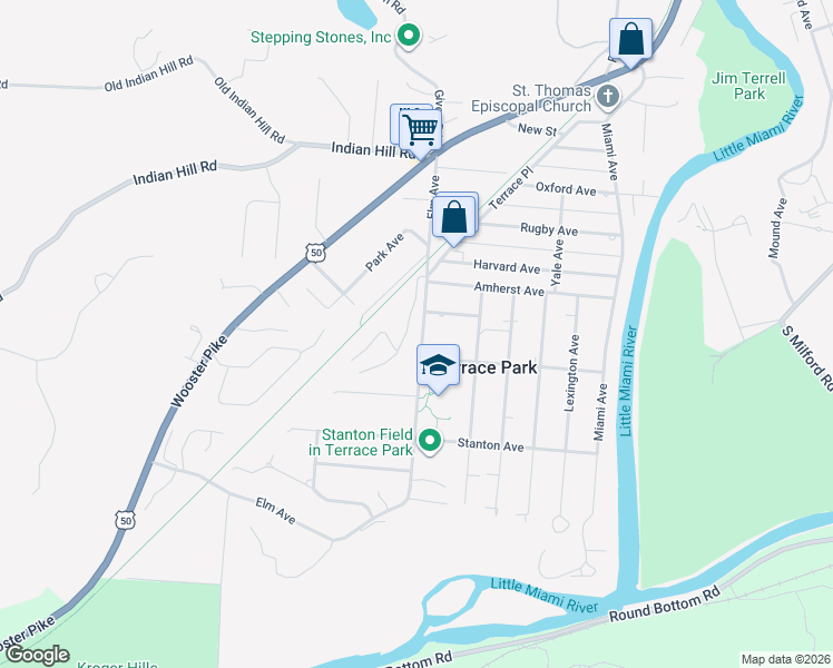 map of restaurants, bars, coffee shops, grocery stores, and more near in Terrace Park