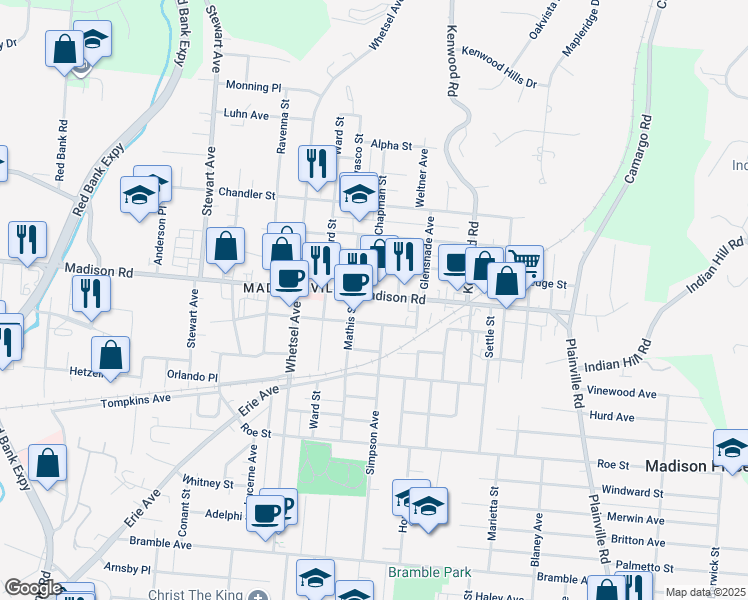 map of restaurants, bars, coffee shops, grocery stores, and more near 6114 Madison Road in Cincinnati