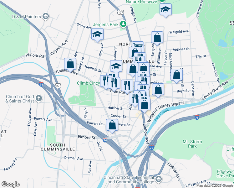 map of restaurants, bars, coffee shops, grocery stores, and more near 1672 Blue Rock Street in Cincinnati