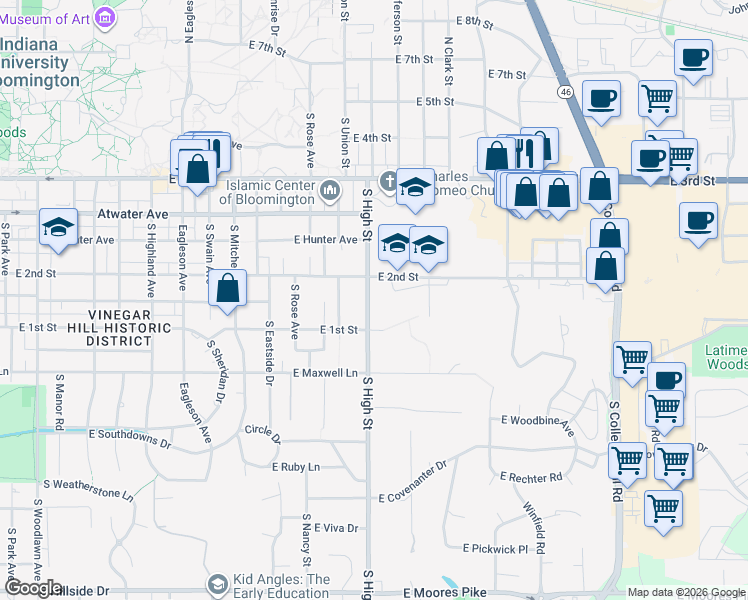 map of restaurants, bars, coffee shops, grocery stores, and more near 701 South High Street in Bloomington