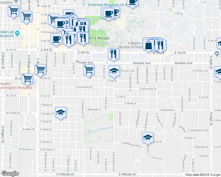 map of restaurants, bars, coffee shops, grocery stores, and more near 624 South Woodlawn Avenue in Bloomington