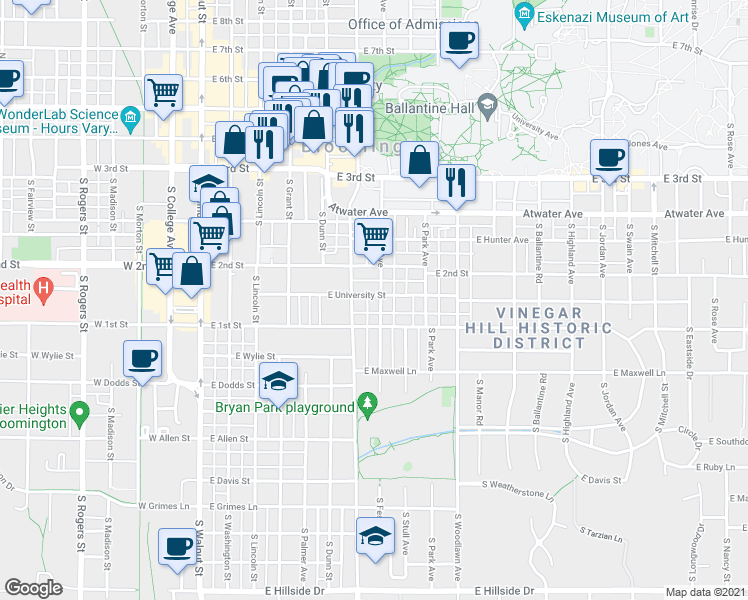 map of restaurants, bars, coffee shops, grocery stores, and more near 624 South Fess Avenue in Bloomington