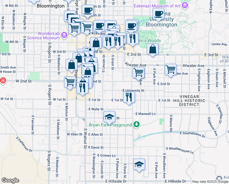 map of restaurants, bars, coffee shops, grocery stores, and more near 411 East University Street in Bloomington