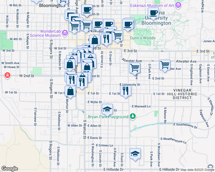 map of restaurants, bars, coffee shops, grocery stores, and more near 317 East University Street in Bloomington