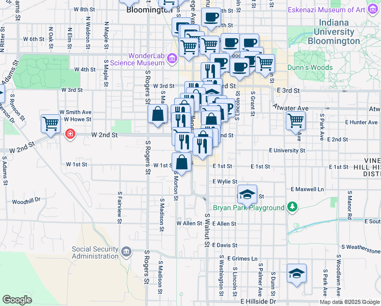 map of restaurants, bars, coffee shops, grocery stores, and more near 528 S College Ave in Bloomington