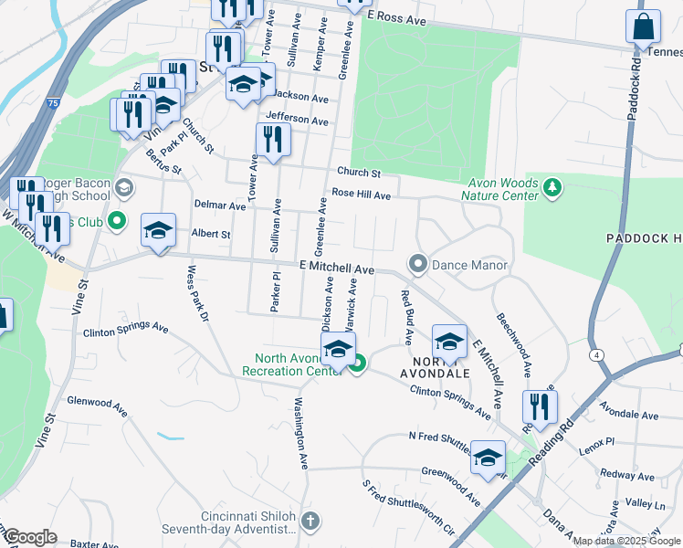 map of restaurants, bars, coffee shops, grocery stores, and more near 613 East Mitchell Avenue in Cincinnati