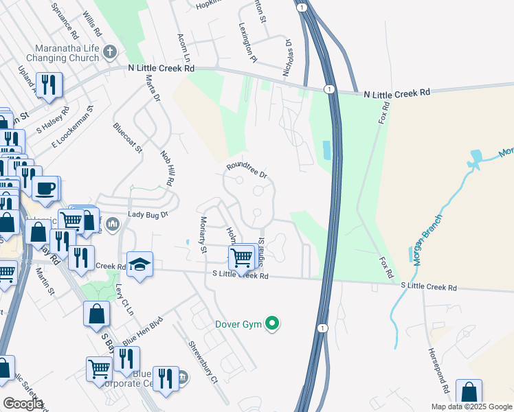 map of restaurants, bars, coffee shops, grocery stores, and more near 99 Prospect Place in Dover