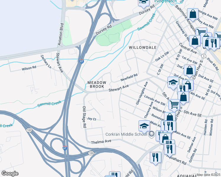 map of restaurants, bars, coffee shops, grocery stores, and more near 618 Stewart Avenue in Glen Burnie