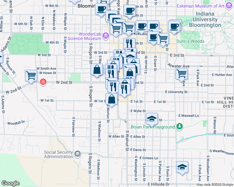 map of restaurants, bars, coffee shops, grocery stores, and more near 528 South College Avenue in Bloomington