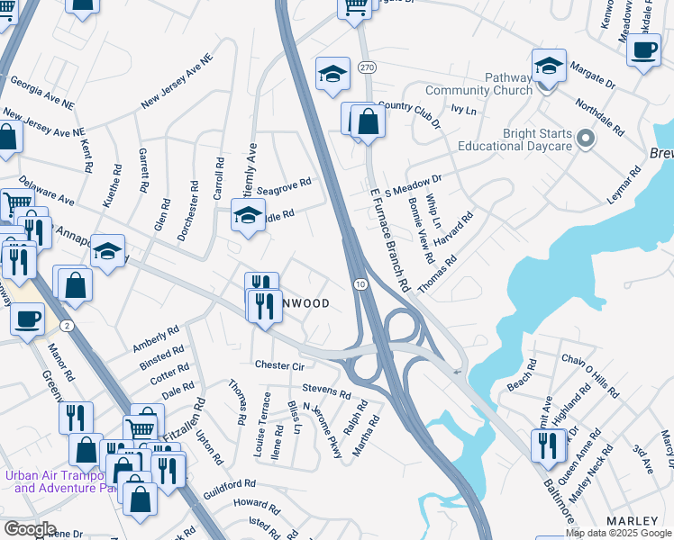 map of restaurants, bars, coffee shops, grocery stores, and more near 898 Marigold Road in Glen Burnie