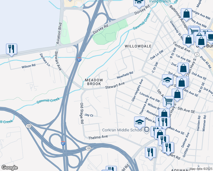 map of restaurants, bars, coffee shops, grocery stores, and more near 618 Stewart Avenue in Glen Burnie