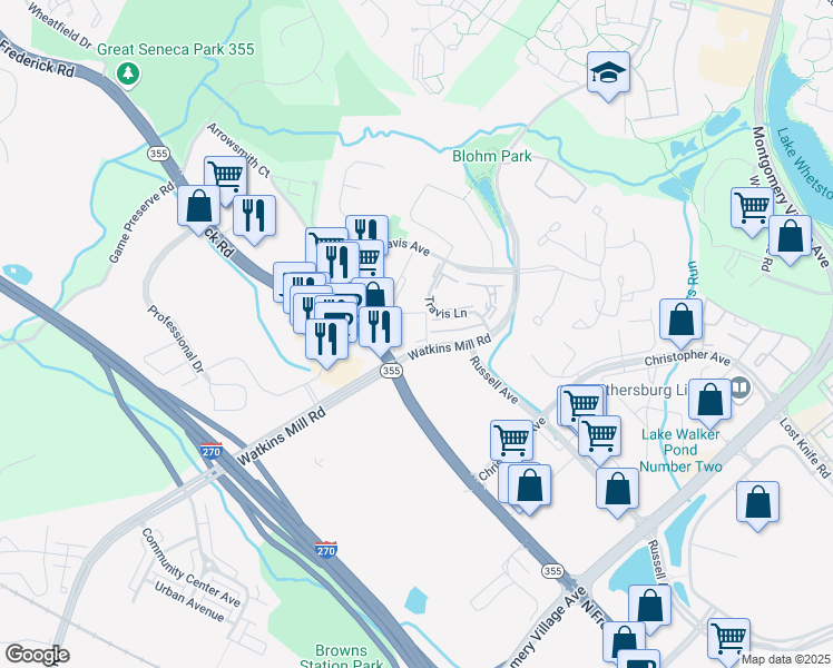 map of restaurants, bars, coffee shops, grocery stores, and more near 180 Watkins Mill Road in Gaithersburg