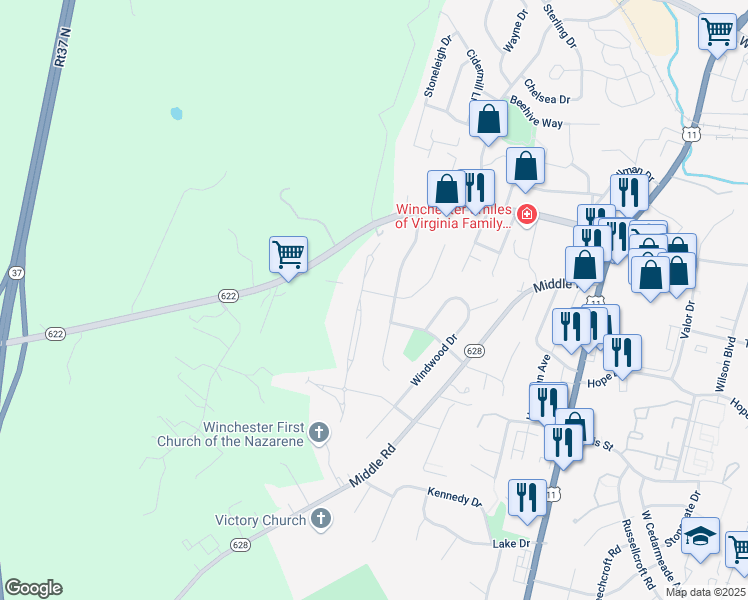 map of restaurants, bars, coffee shops, grocery stores, and more near 401 Wheatfield Lane in Winchester