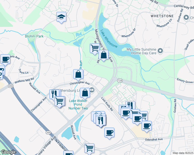 map of restaurants, bars, coffee shops, grocery stores, and more near 10062 Hellingly Place in Montgomery Village