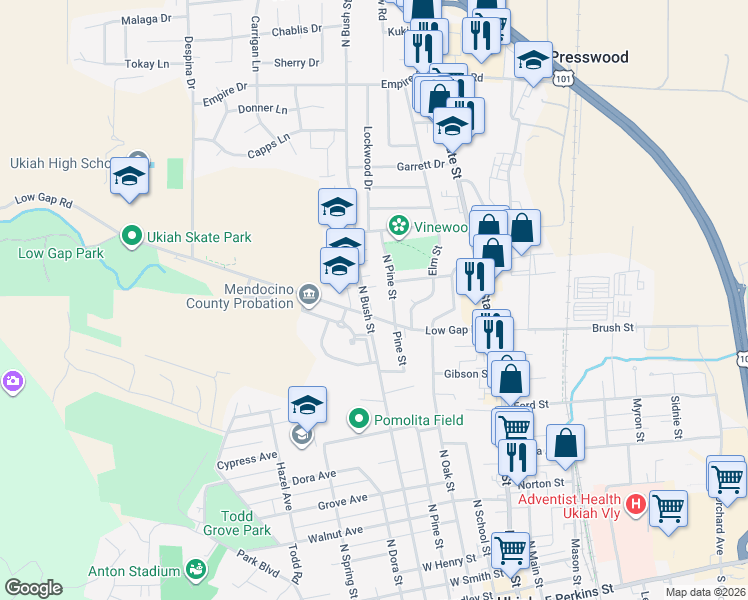 map of restaurants, bars, coffee shops, grocery stores, and more near 1051 North Bush Street in Ukiah