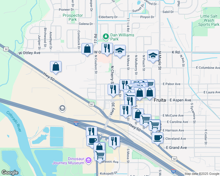 map of restaurants, bars, coffee shops, grocery stores, and more near 330 West Pabor Avenue in Fruita