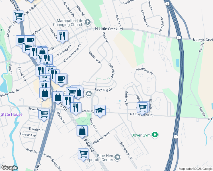 map of restaurants, bars, coffee shops, grocery stores, and more near 228 Nob Hill Road in Dover