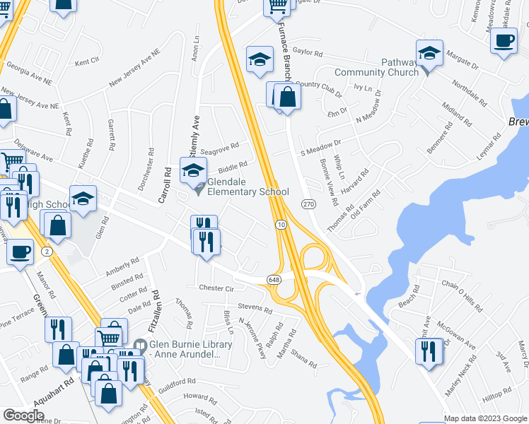 map of restaurants, bars, coffee shops, grocery stores, and more near 898 Marigold Road in Glen Burnie