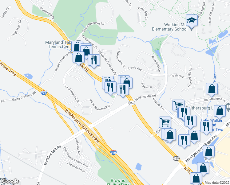 map of restaurants, bars, coffee shops, grocery stores, and more near 270 Spectrum Avenue in Gaithersburg