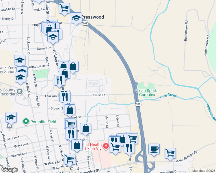 map of restaurants, bars, coffee shops, grocery stores, and more near 350 Brush Street in Ukiah