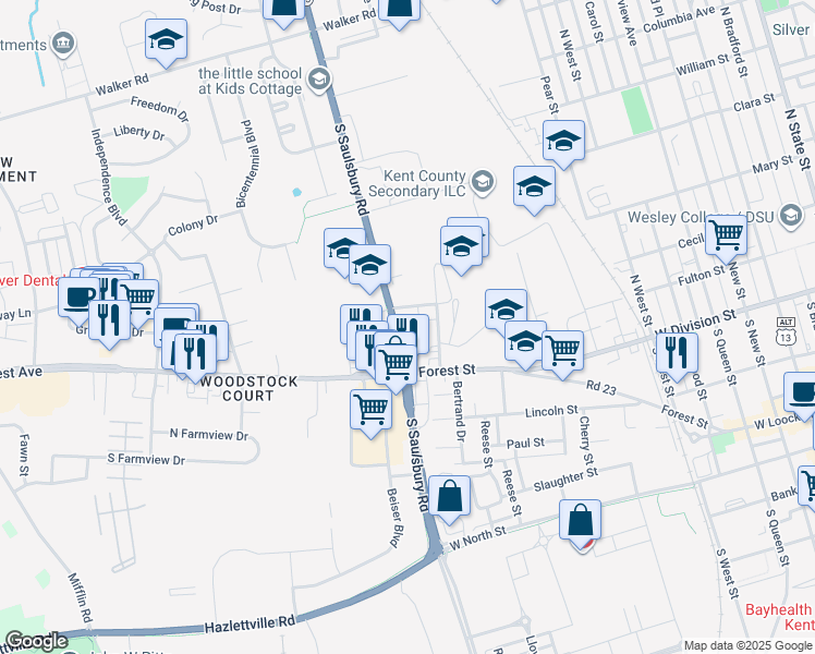 map of restaurants, bars, coffee shops, grocery stores, and more near 51 Saulsbury Road in Dover