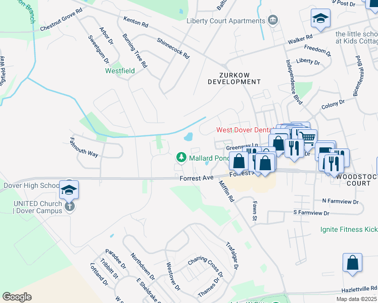 map of restaurants, bars, coffee shops, grocery stores, and more near 109 Kevin Court in Dover
