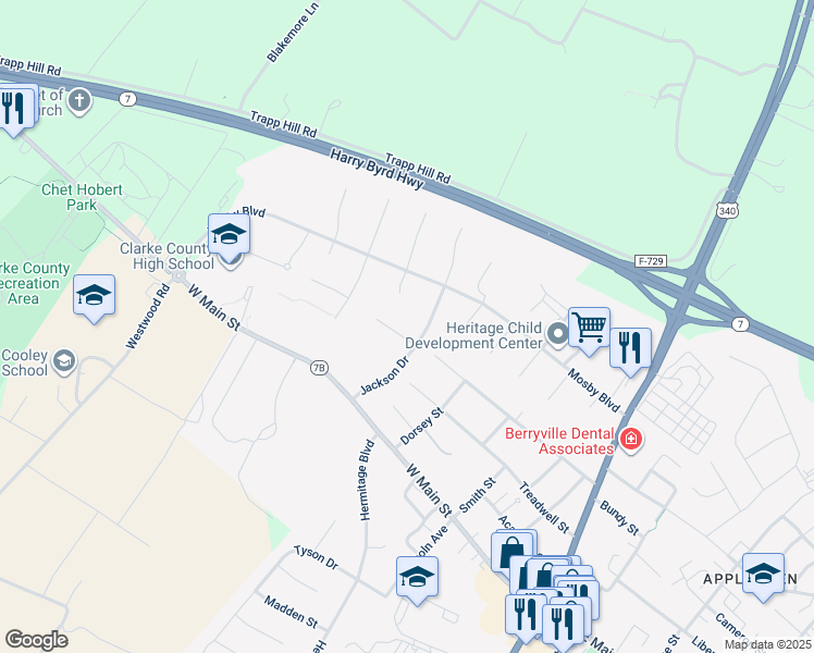 map of restaurants, bars, coffee shops, grocery stores, and more near 9 Barnett Street in Berryville