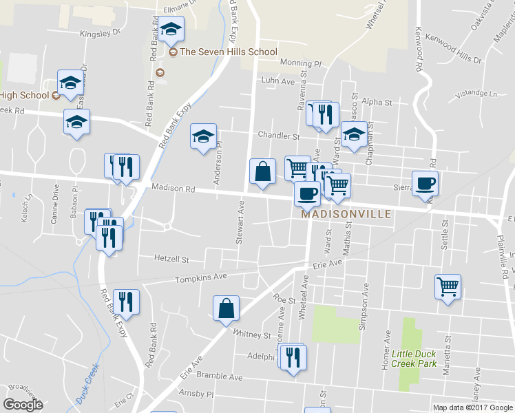 map of restaurants, bars, coffee shops, grocery stores, and more near 5629 Madison Road in Cincinnati