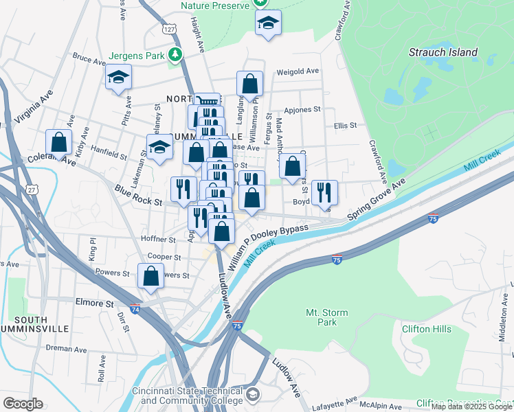 map of restaurants, bars, coffee shops, grocery stores, and more near 1550 Blue Rock Street in Cincinnati
