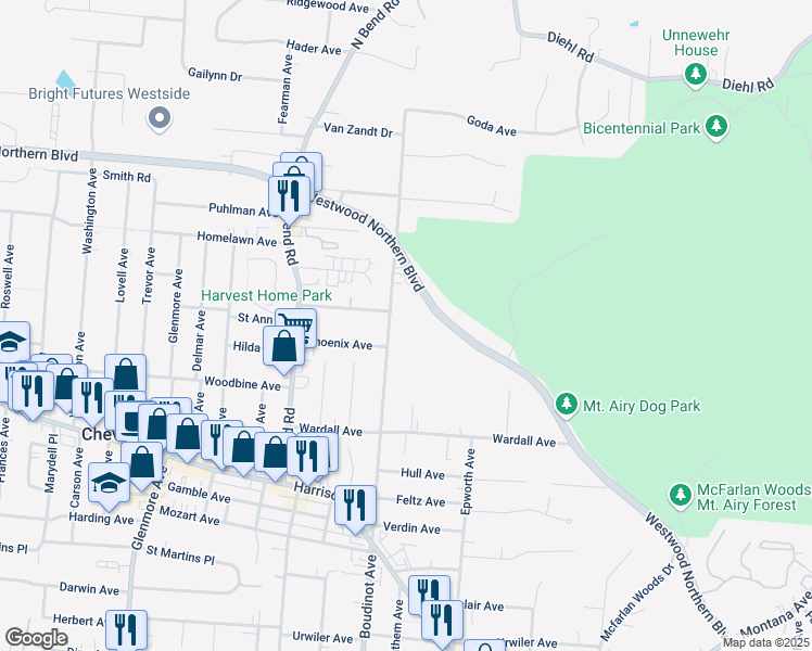 map of restaurants, bars, coffee shops, grocery stores, and more near 3820 Boudinot Avenue in Cincinnati