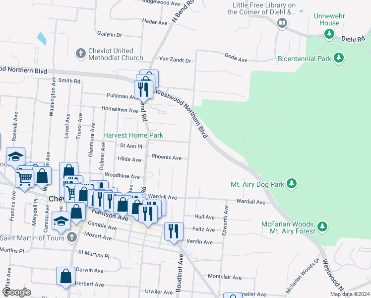 map of restaurants, bars, coffee shops, grocery stores, and more near 3309 Augusta Avenue in Cincinnati