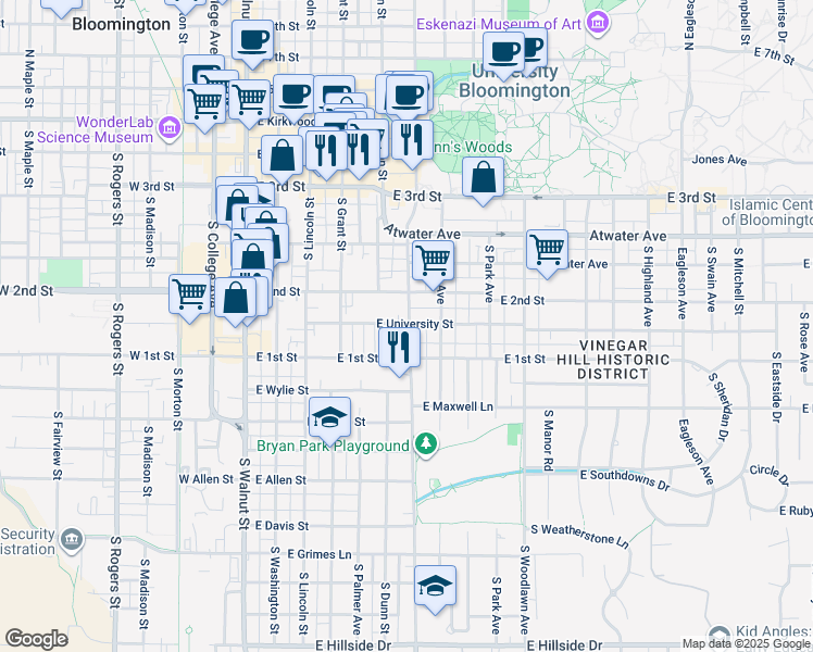 map of restaurants, bars, coffee shops, grocery stores, and more near 609 East University Street in Bloomington