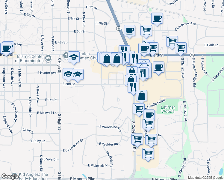 map of restaurants, bars, coffee shops, grocery stores, and more near 2520 East 2nd Street in Bloomington