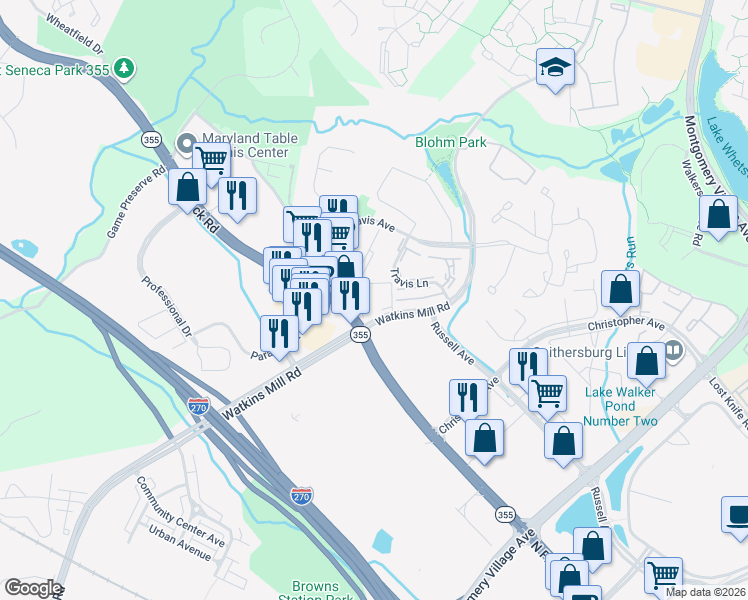 map of restaurants, bars, coffee shops, grocery stores, and more near 180 Watkins Station Circle in Gaithersburg