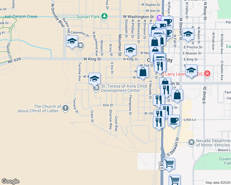 map of restaurants, bars, coffee shops, grocery stores, and more near 715 Hillcrest Road in Carson City
