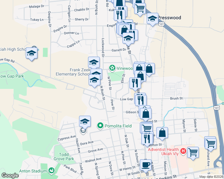 map of restaurants, bars, coffee shops, grocery stores, and more near 1075 North Pine Street in Ukiah