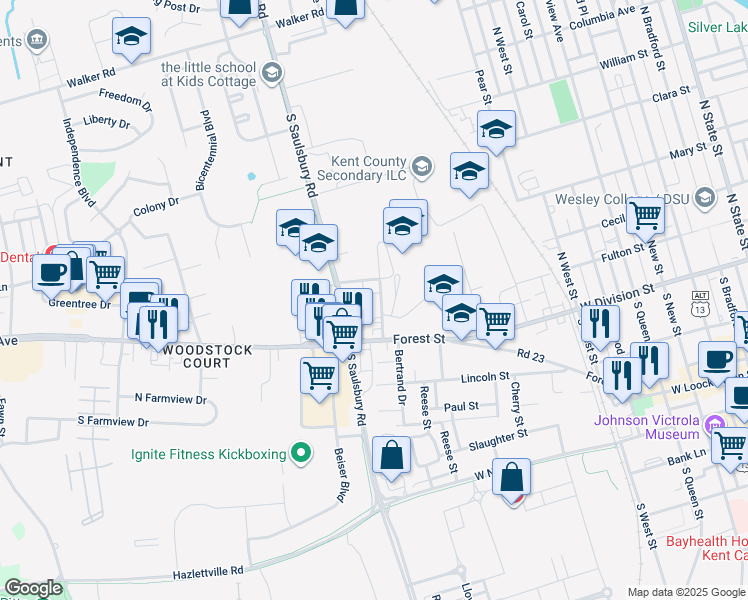 map of restaurants, bars, coffee shops, grocery stores, and more near 44 Carver Road in Dover