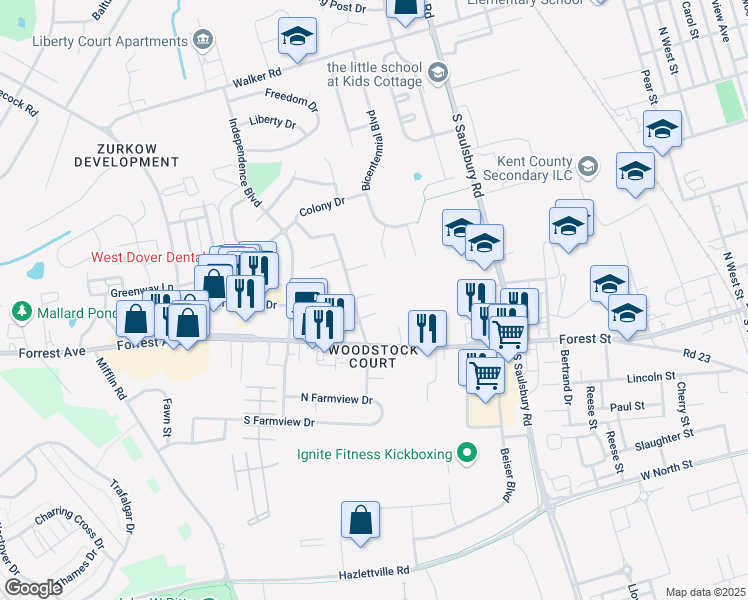 map of restaurants, bars, coffee shops, grocery stores, and more near 1176 Madison Court in Dover