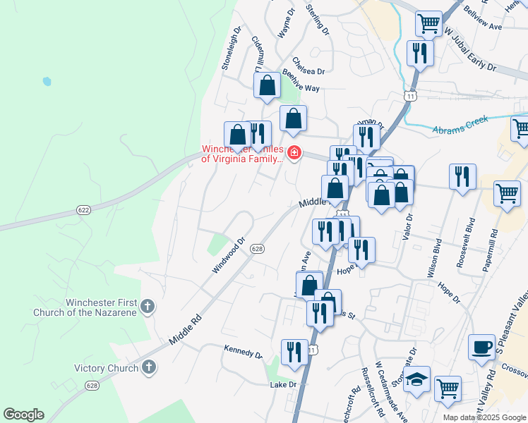 map of restaurants, bars, coffee shops, grocery stores, and more near 612 Bittersweet Ct in Winchester