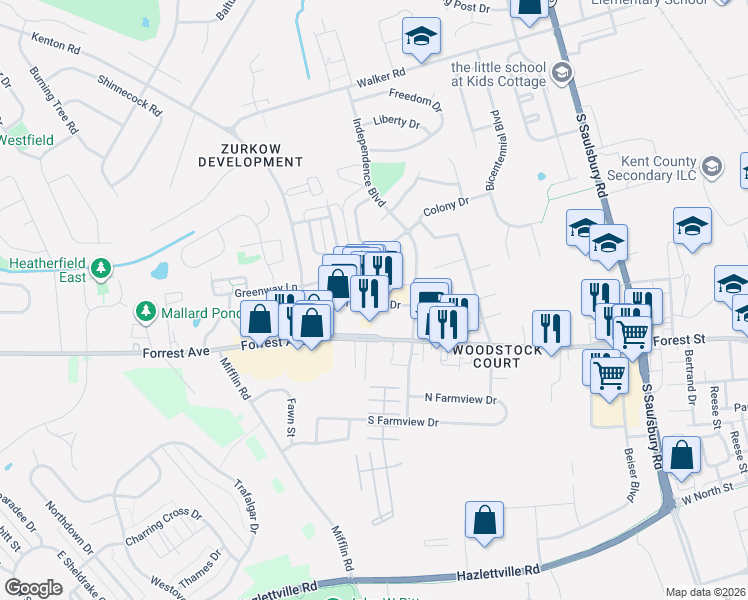 map of restaurants, bars, coffee shops, grocery stores, and more near 199 Greentree Drive in Dover