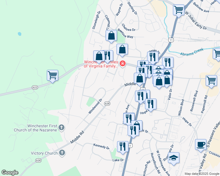 map of restaurants, bars, coffee shops, grocery stores, and more near 612 Bittersweet Ct in Winchester
