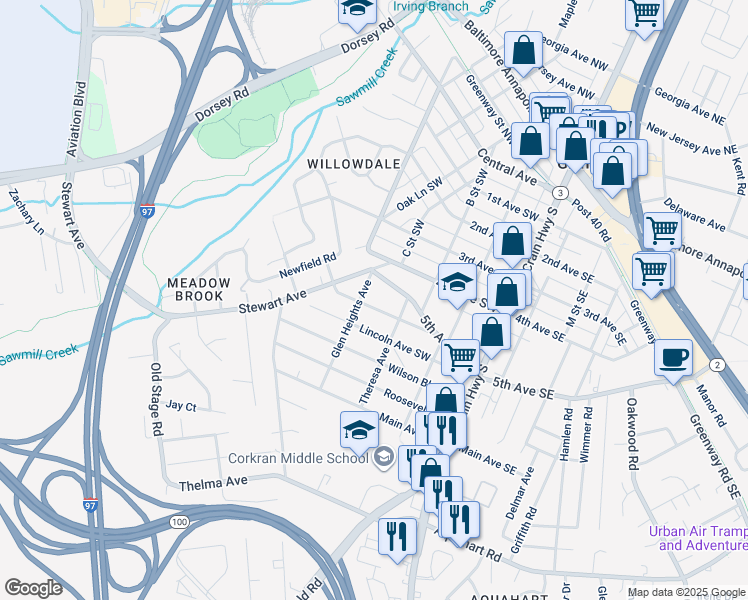 map of restaurants, bars, coffee shops, grocery stores, and more near 208 Baltimore Avenue in Glen Burnie