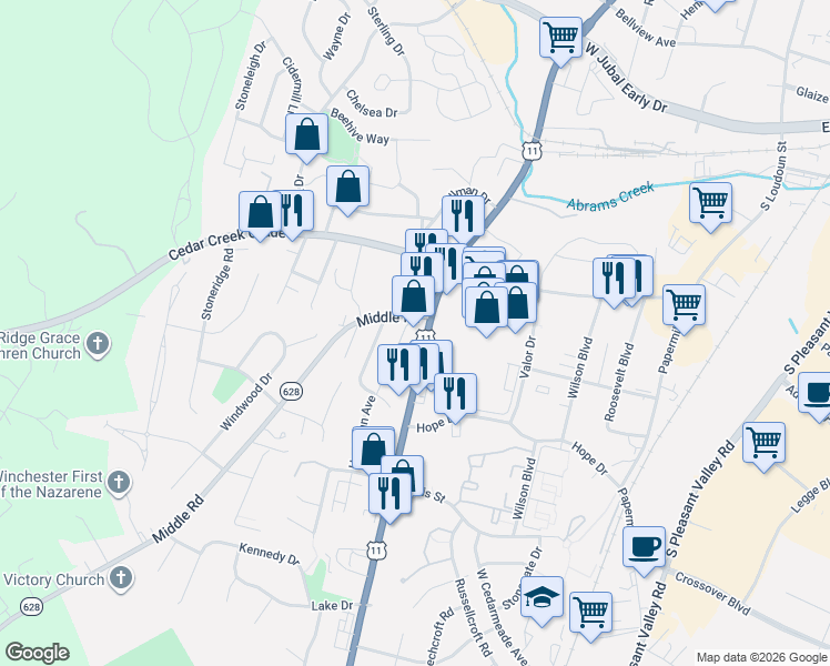 map of restaurants, bars, coffee shops, grocery stores, and more near 2311 Valley Avenue in Winchester