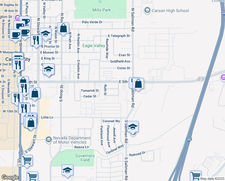 map of restaurants, bars, coffee shops, grocery stores, and more near 1353 Jerry Lane in Carson City
