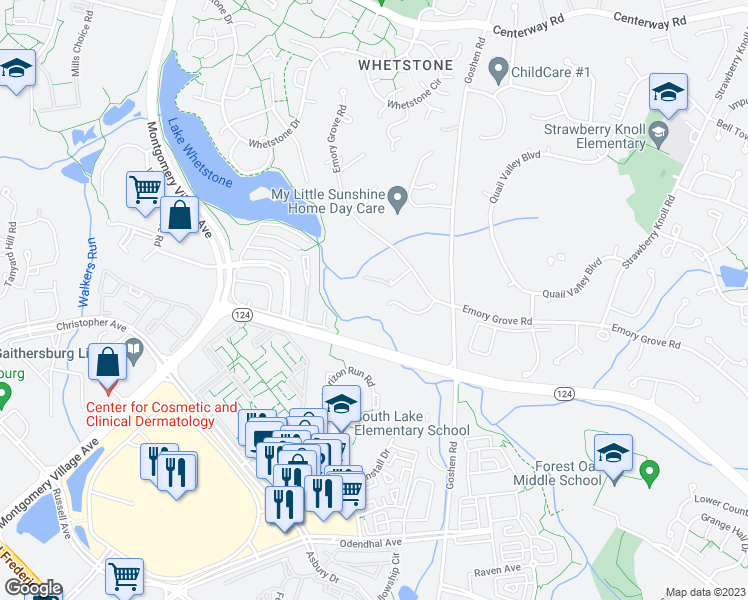 map of restaurants, bars, coffee shops, grocery stores, and more near 9321 Pennywise Lane in Gaithersburg