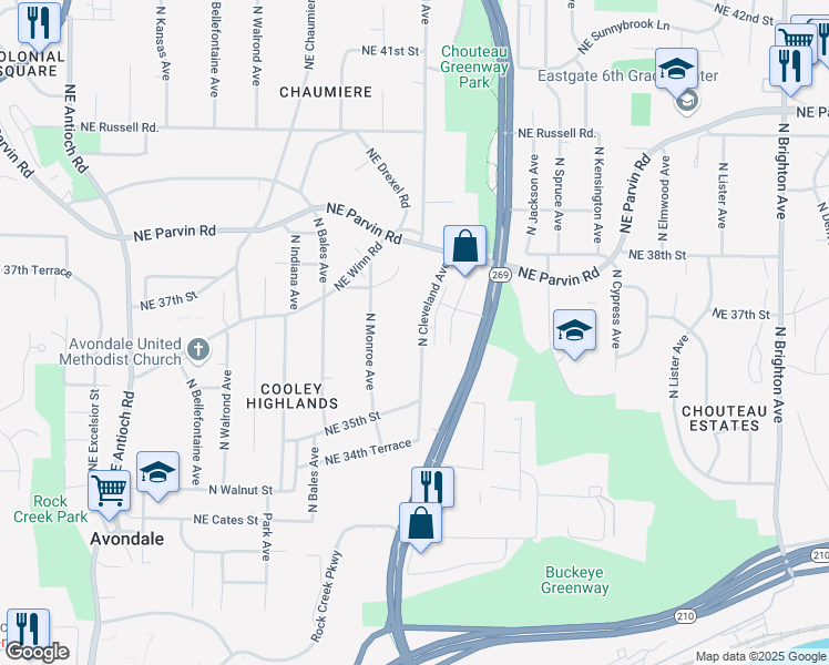map of restaurants, bars, coffee shops, grocery stores, and more near 3624 North Cleveland Avenue in Kansas City
