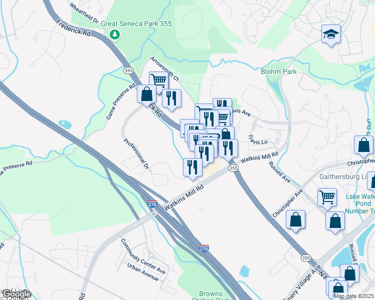 map of restaurants, bars, coffee shops, grocery stores, and more near 203 Spectrum Avenue in Gaithersburg