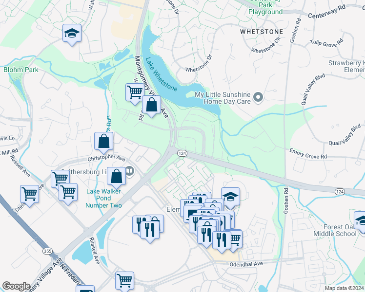 map of restaurants, bars, coffee shops, grocery stores, and more near 24 Docena Court in Gaithersburg