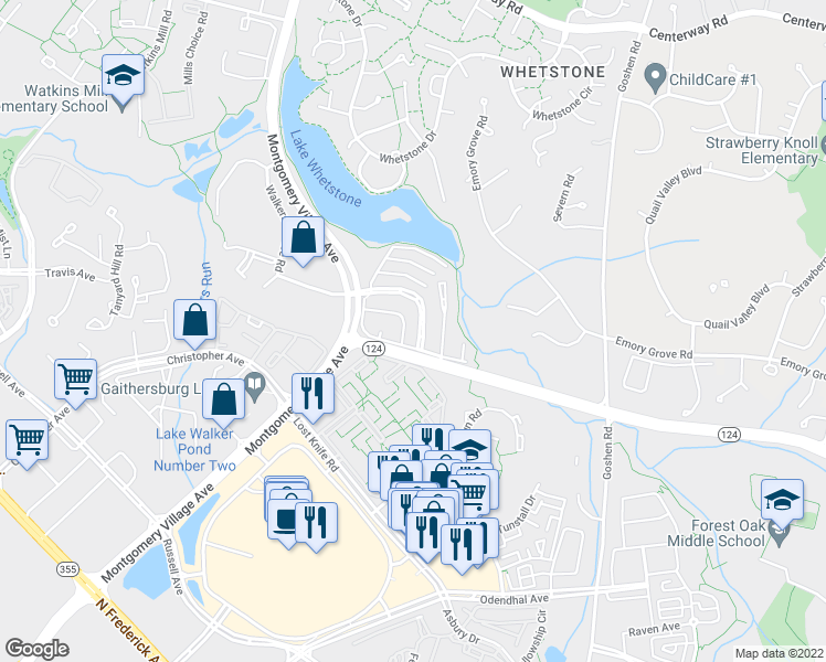 map of restaurants, bars, coffee shops, grocery stores, and more near 18627 Nathans Place in Montgomery Village