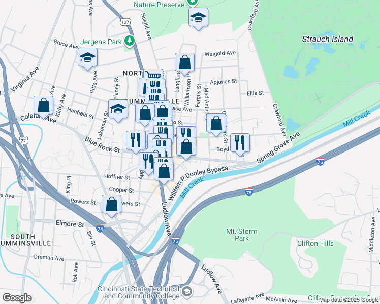 map of restaurants, bars, coffee shops, grocery stores, and more near 1550 Blue Rock Street in Cincinnati